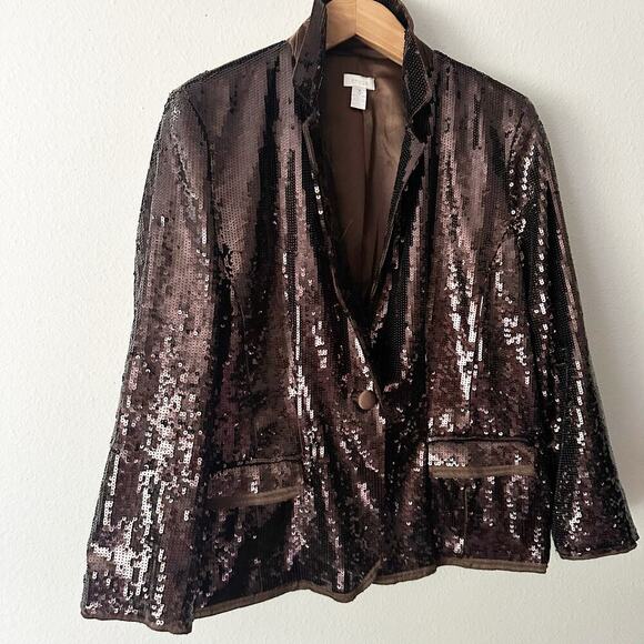 Chico's Size 3 Shining Tux Sheron Jacket Women's Size XL Brown Sequin & Satin - Picture 2 of 12